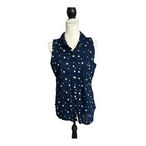 Faded Glory Blouse Size L Button Front Sleeveless Navy-Blue Top w/ Stars Cotton